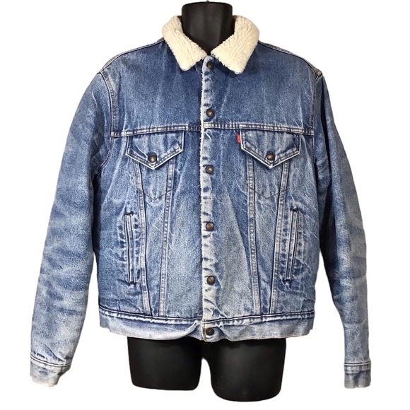 Vintage 80s Levis Mens Sherpa Fleece Lined Trucker Jacket SZ L Distressed Denim